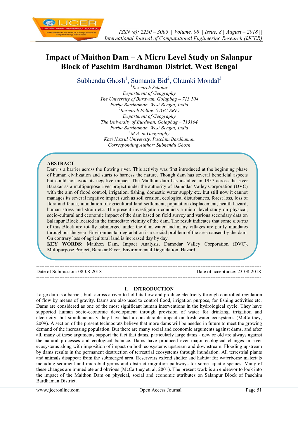 Impact of Maithon Dam – a Micro Level Study on Salanpur Block of Paschim Bardhaman District, West Bengal