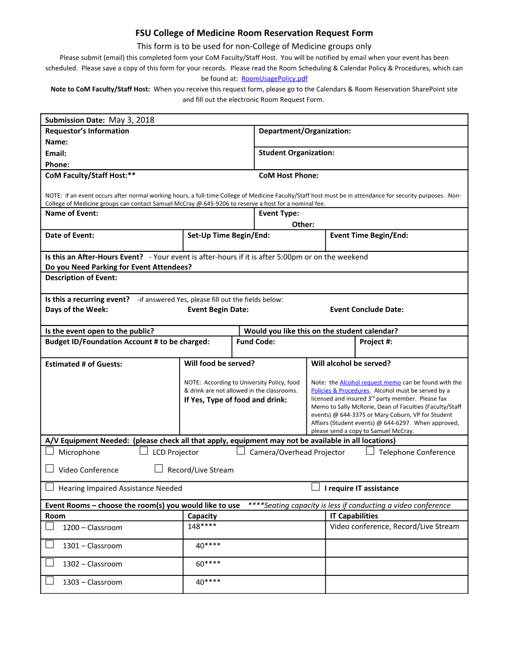 FSU College of Medicine Room Reservation Request Form This Form Is to Be Used for Non-College