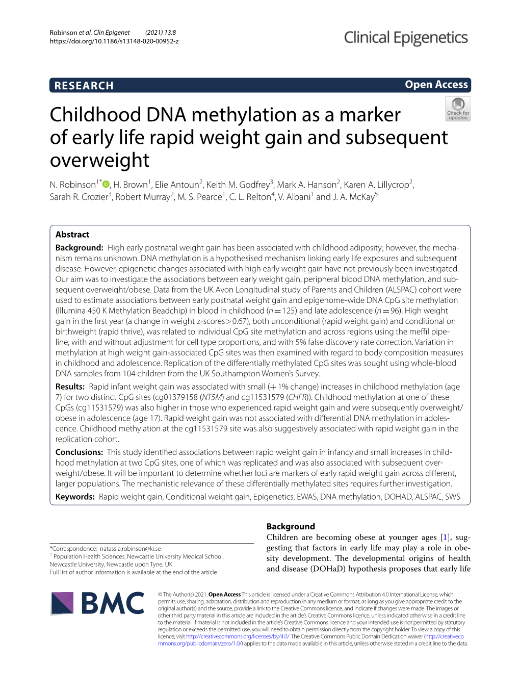 Childhood DNA Methylation As a Marker of Early Life Rapid Weight Gain and Subsequent Overweight N