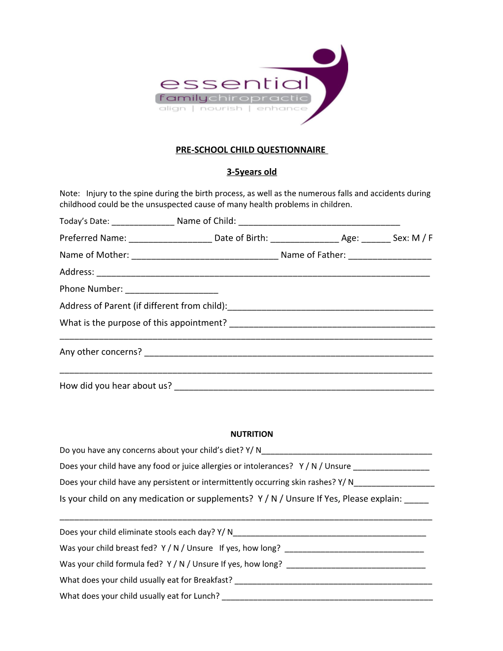 Pre-School Child Questionnaire