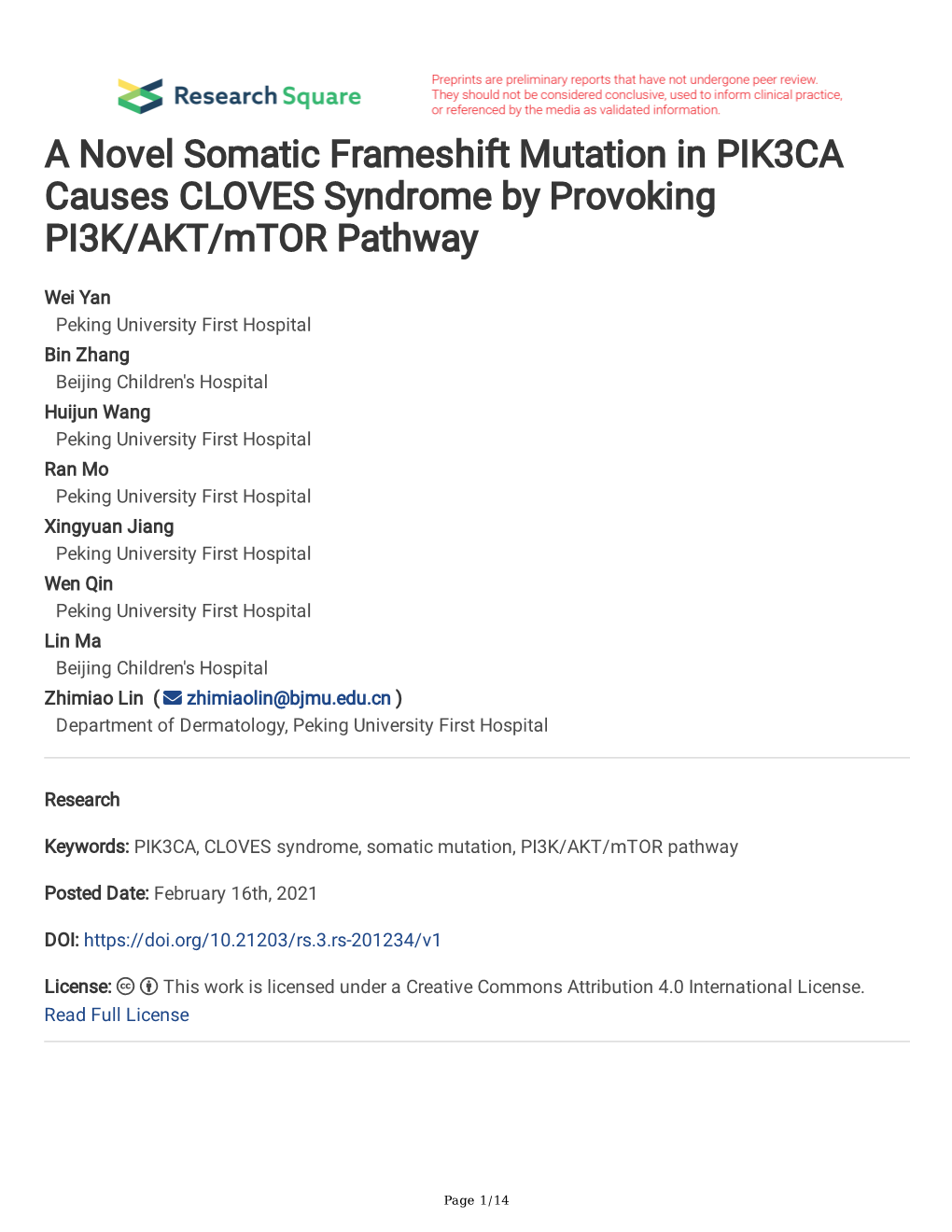 A Novel Somatic Frameshift Mutation in PIK3CA Causes CLOVES Syndrome by Provoking PI3K/AKT/Mtor Pathway