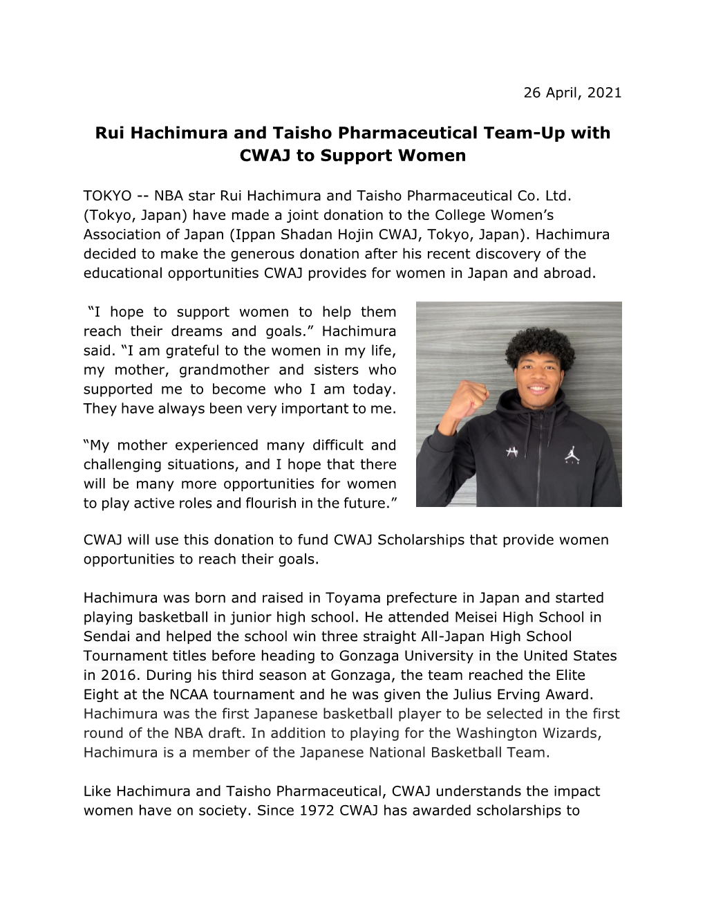 Rui Hachimura and Taisho Pharmaceutical Team-Up with CWAJ to Support Women