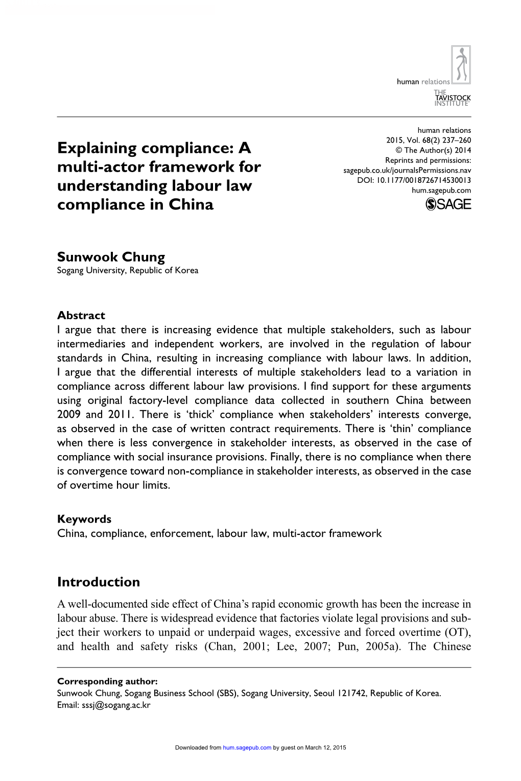 A Multi-Actor Framework for Understanding Labour Law Compliance in China