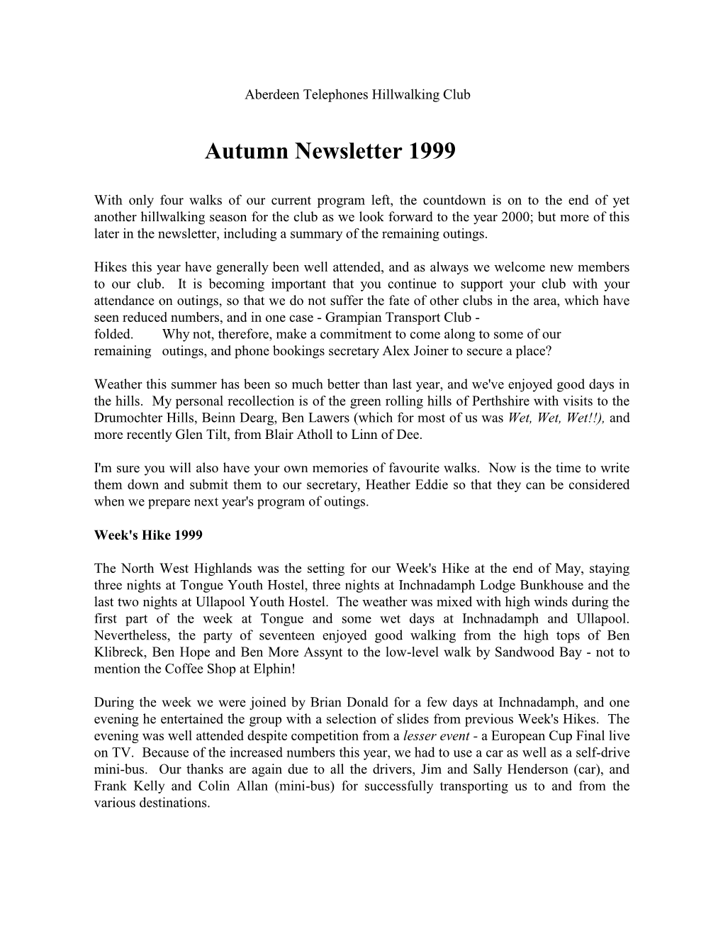Newsletter Autumn 1999