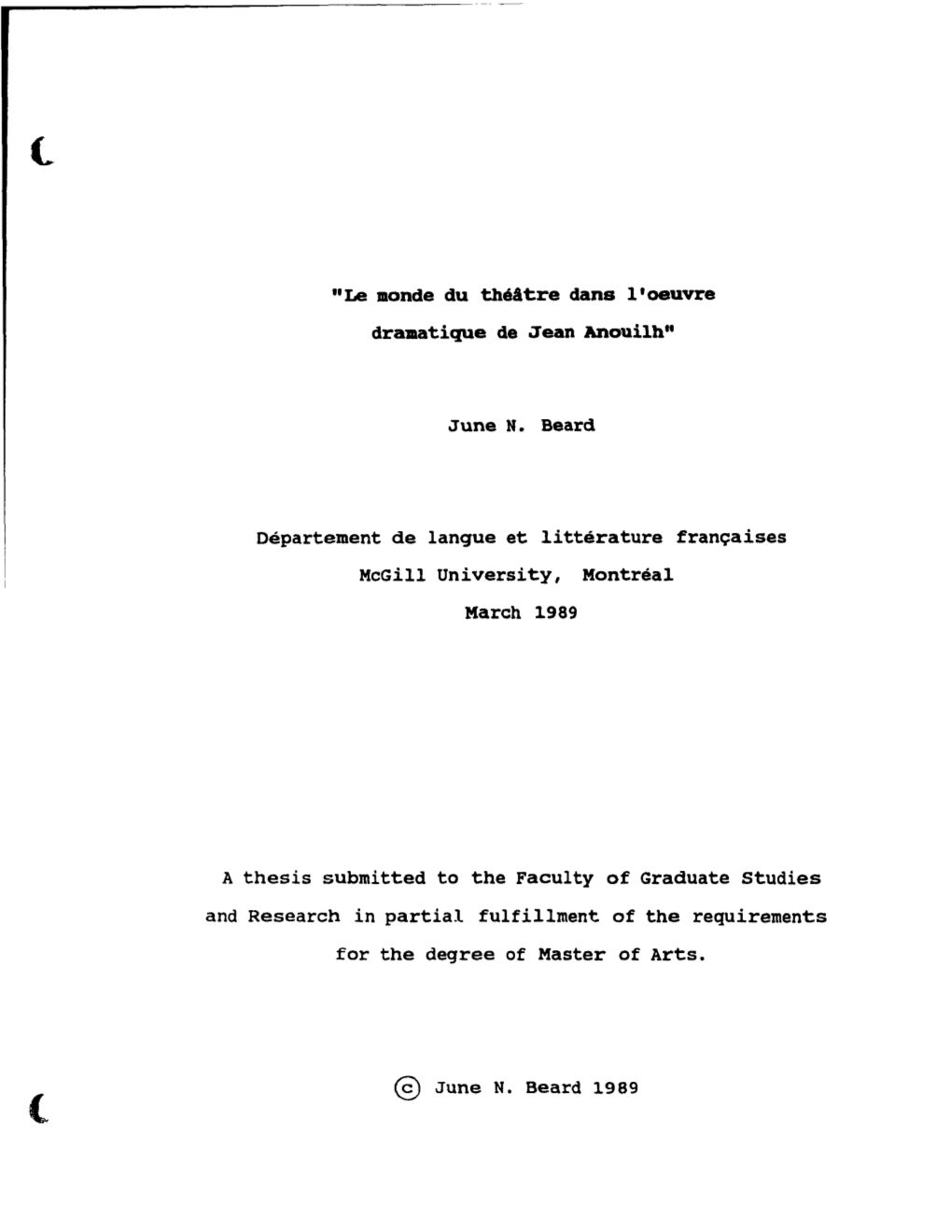 Le Monde Du Théâtre Dans L'oeuvre June N. Beard Département De Lanque Et Littérature Françaises Mcgill Uni Versi Ty , Mo