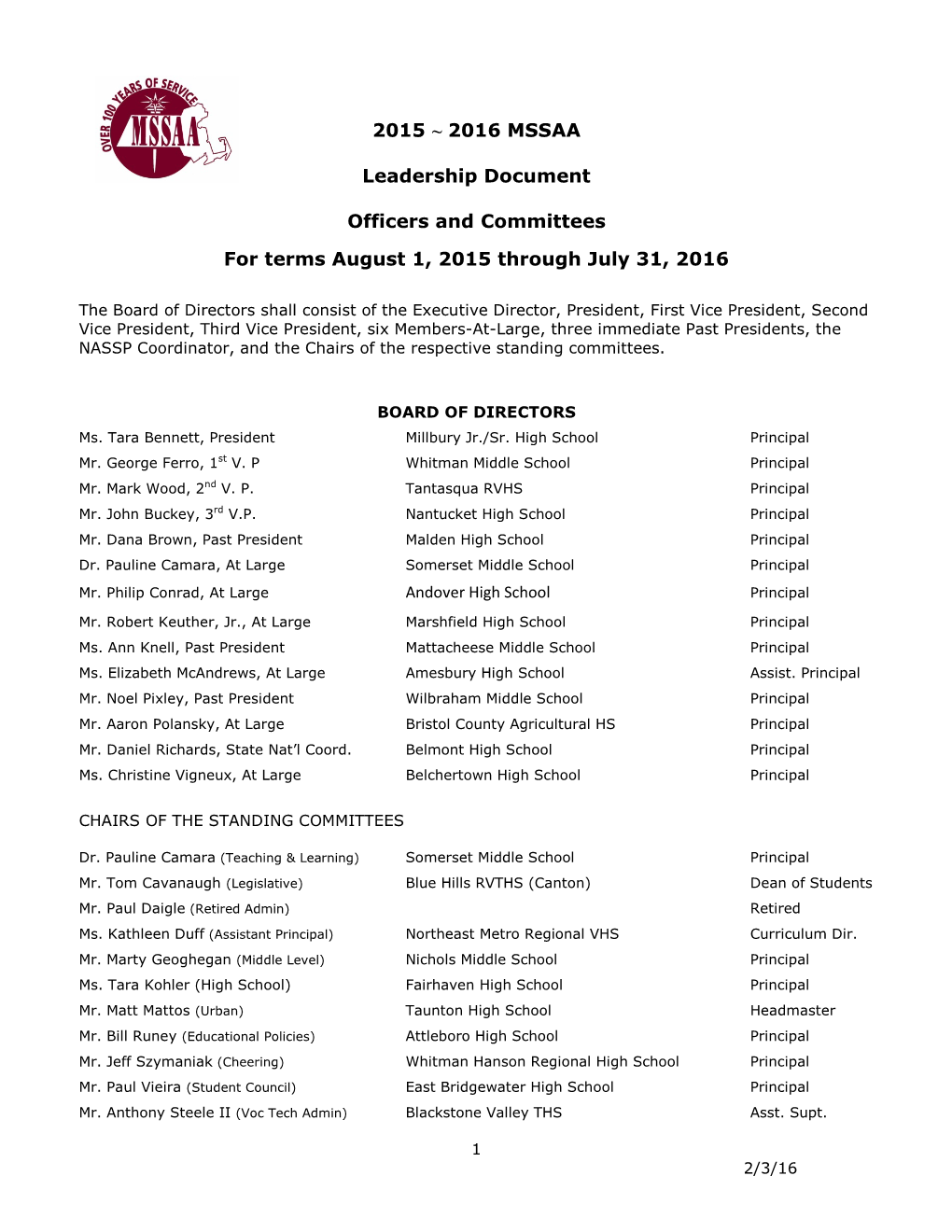 2015 ~ 2016 MSSAA Leadership Document Officers and Committees