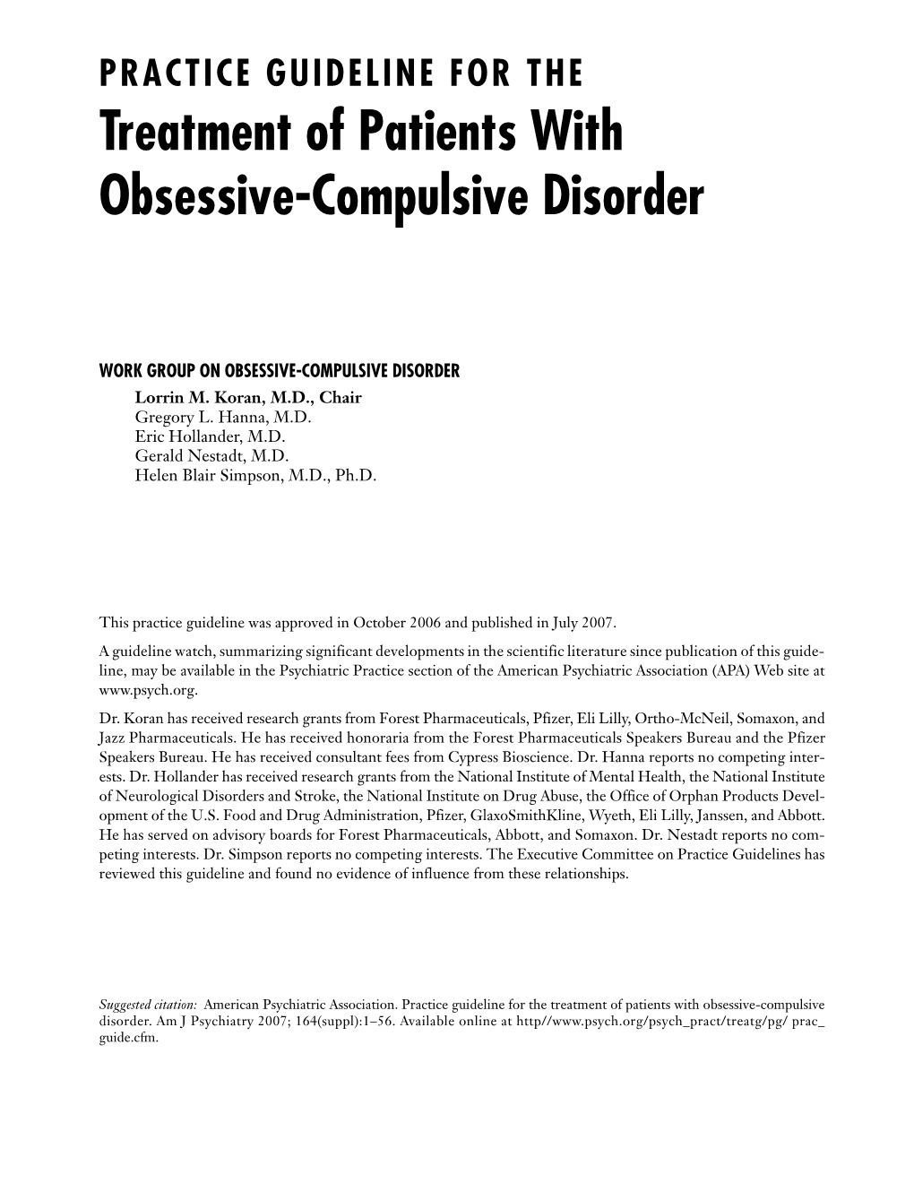 PRACTICE GUIDELINE for the Treatment of Patients with Obsessive-Compulsive Disorder
