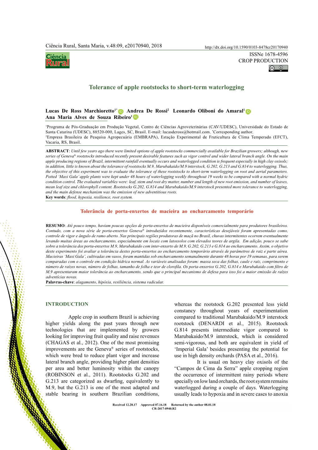 Tolerance of Apple Rootstocks to Short-Term Waterlogging