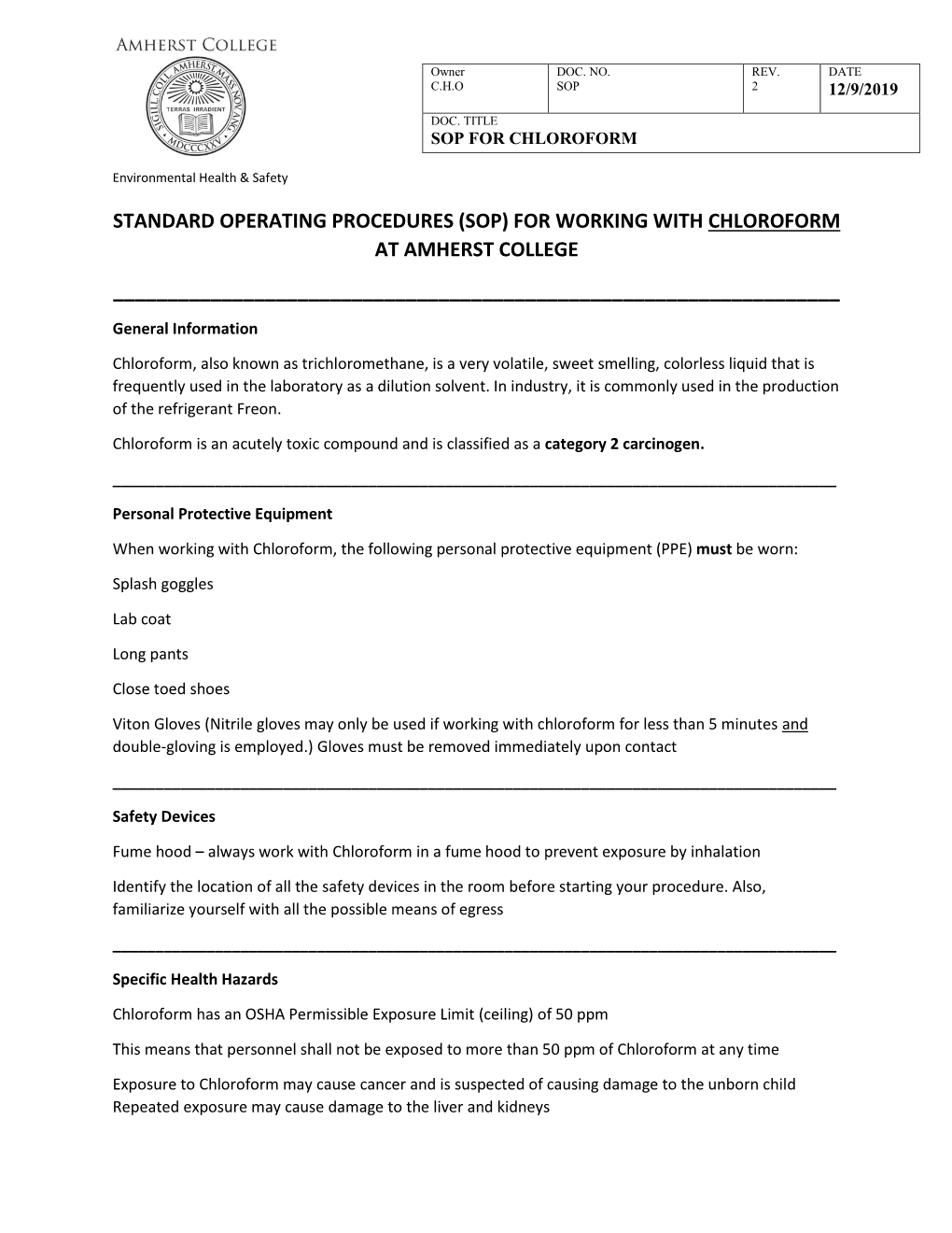 Standard Operating Procedures (Sop) for Working with Chloroform at Amherst College ______