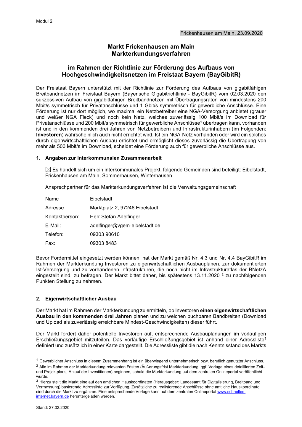 Markt Frickenhausen Am Main Markterkundungsverfahren Im Rahmen Der Richtlinie Zur Förderung Des Aufbaus Von Hochgeschwindigkei