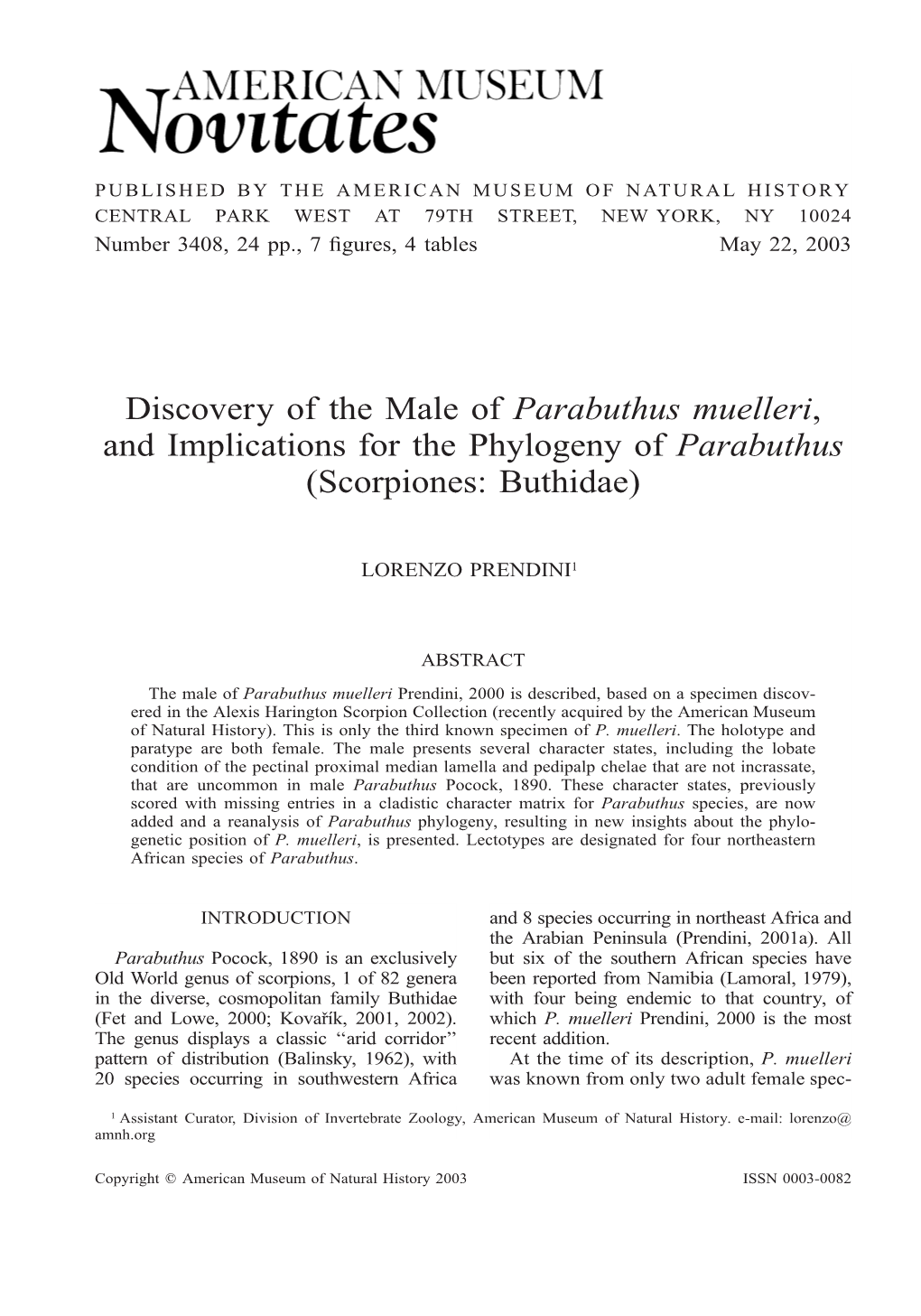 Parabuthus Muelleri, and Implications for the Phylogeny of Parabuthus (Scorpiones: Buthidae)