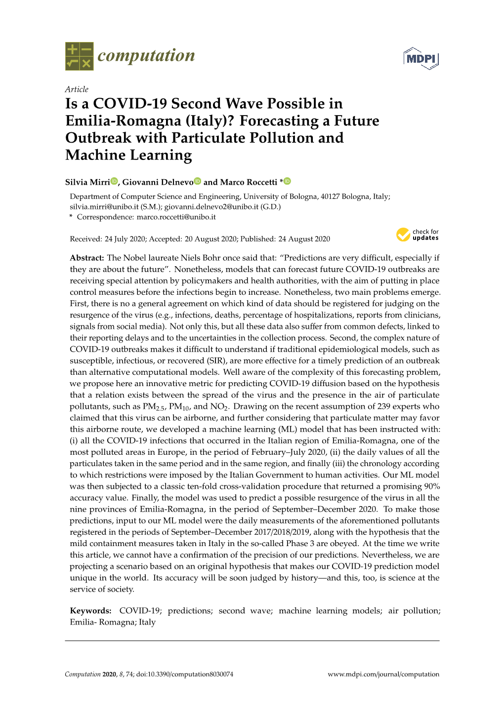 Is a COVID-19 Second Wave Possible in Emilia-Romagna (Italy)? Forecasting a Future Outbreak with Particulate Pollution and Machine Learning