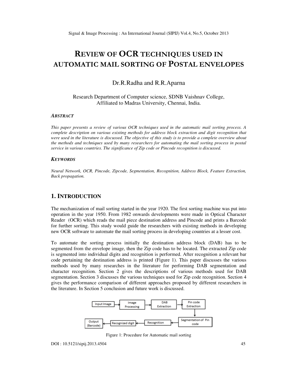 Review of Ocr Techniques Used in Automatic Mail Sorting of Postal Envelopes