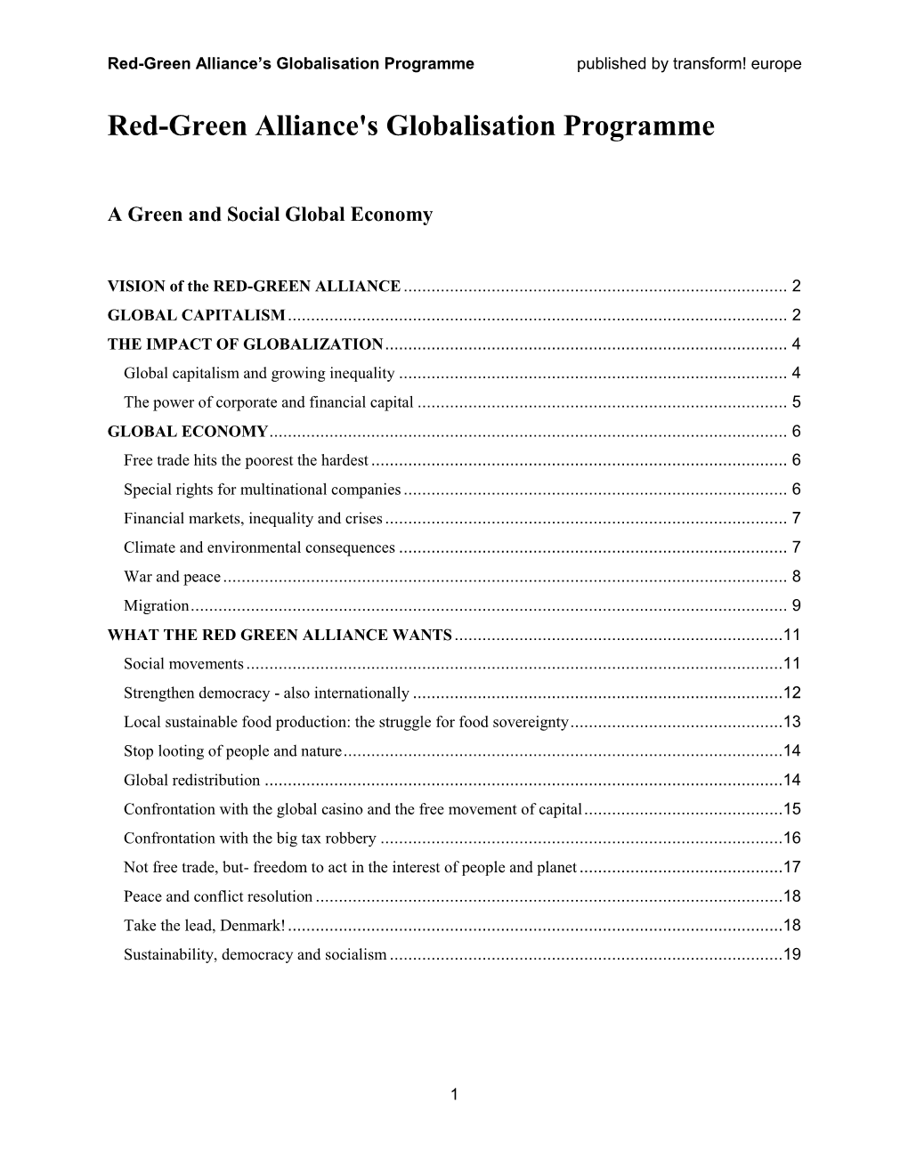 Red-Green Alliance's Globalisation Programme