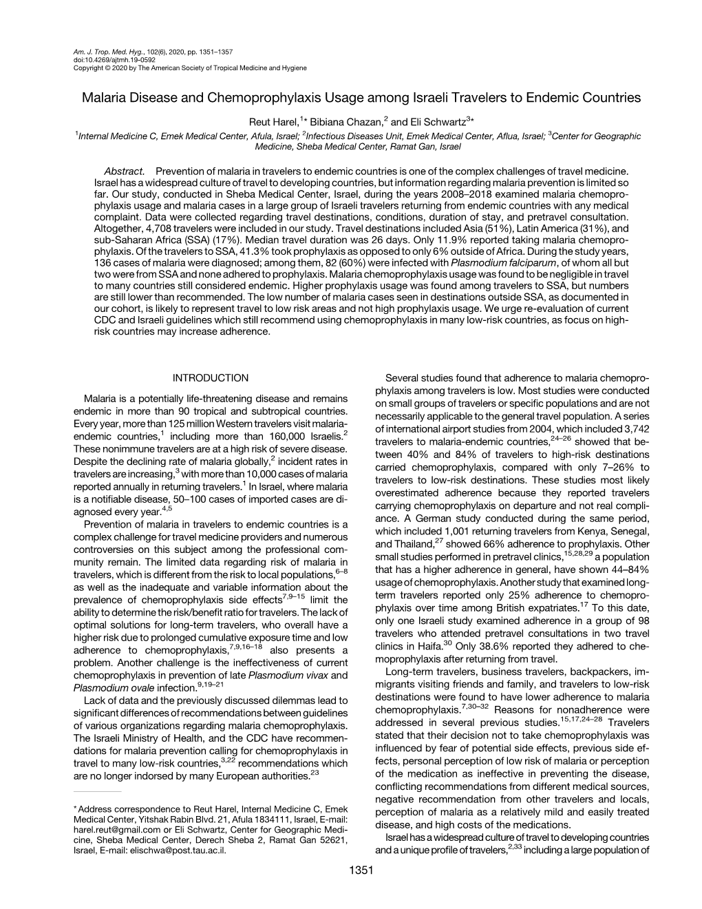 Malaria Disease and Chemoprophylaxis Usage Among Israeli Travelers to Endemic Countries