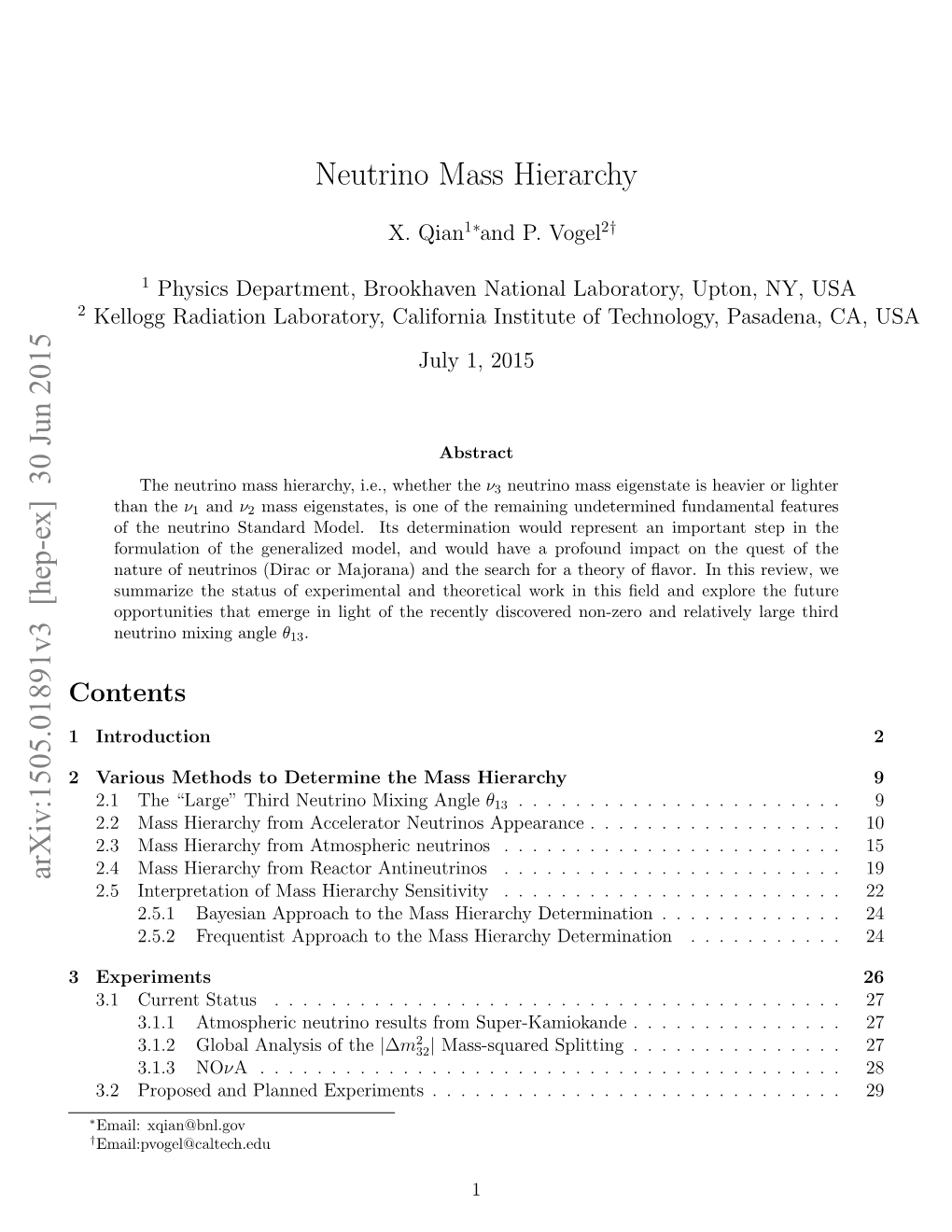 Neutrino Mass Hierarchy Arxiv:1505.01891V3 [Hep-Ex] 30 Jun 2015