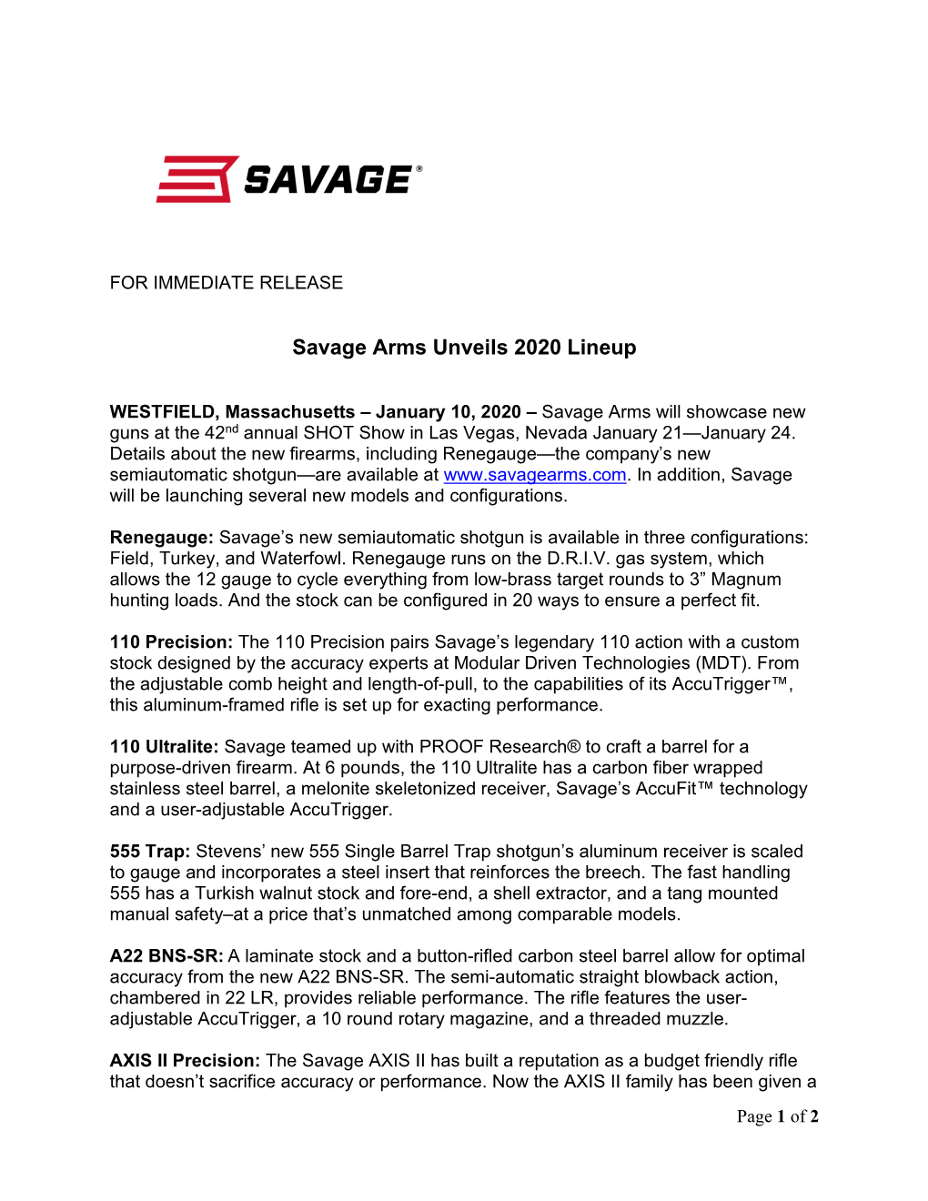 Savage Arms Unveils 2020 Lineup