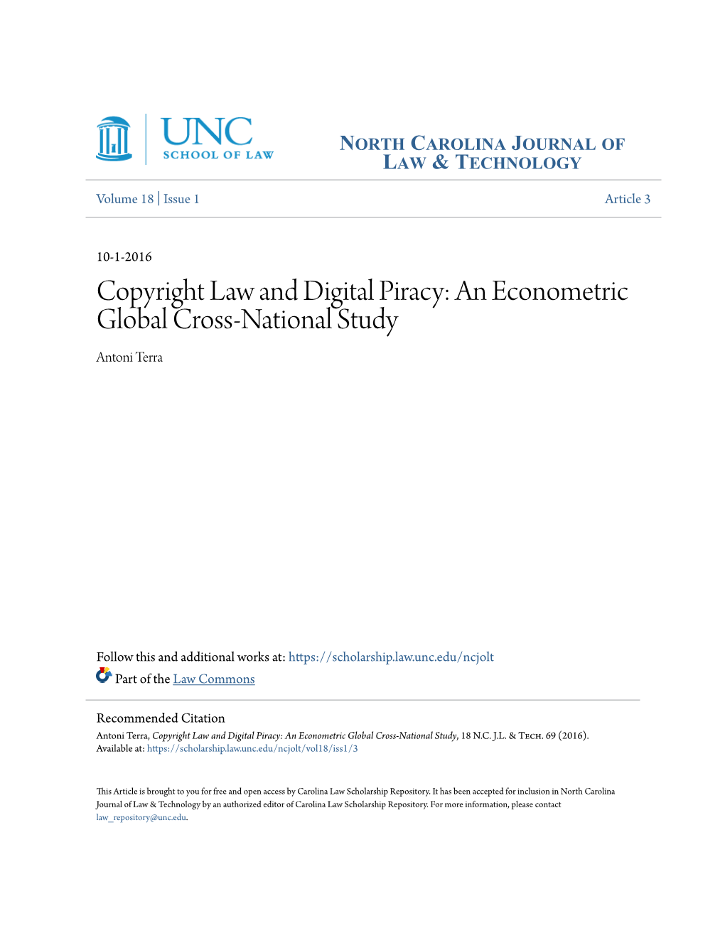 Copyright Law and Digital Piracy: an Econometric Global Cross-National Study Antoni Terra