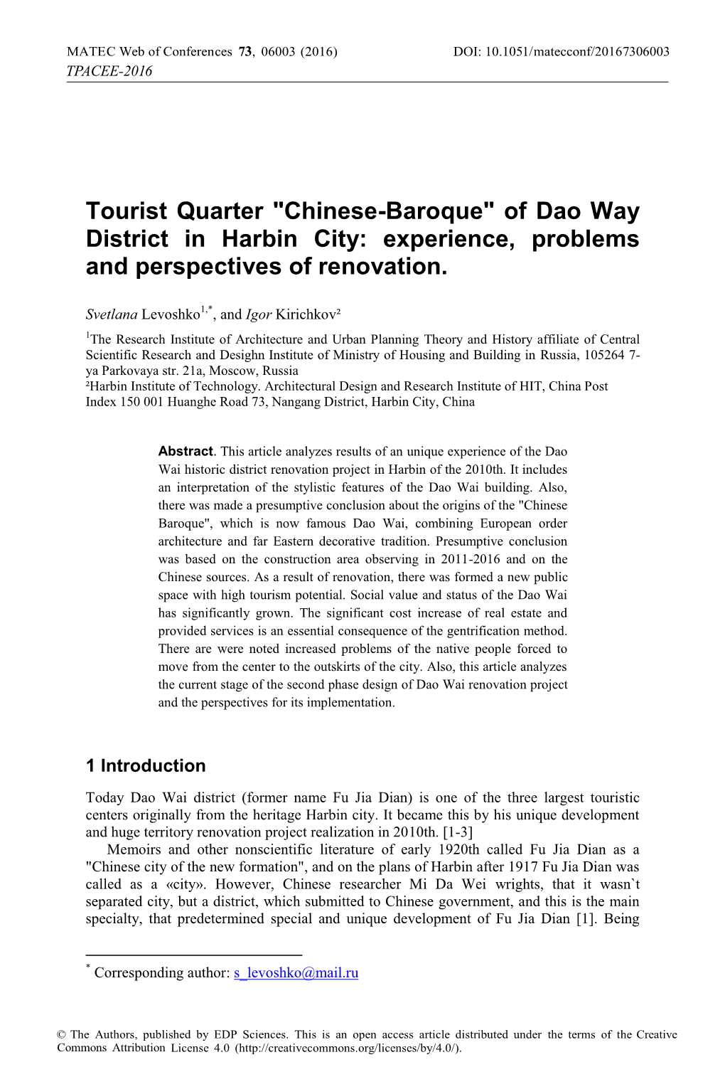 Chinese-Baroque" of Dao Way District in Harbin City: Experience, Problems and Perspectives of Renovation