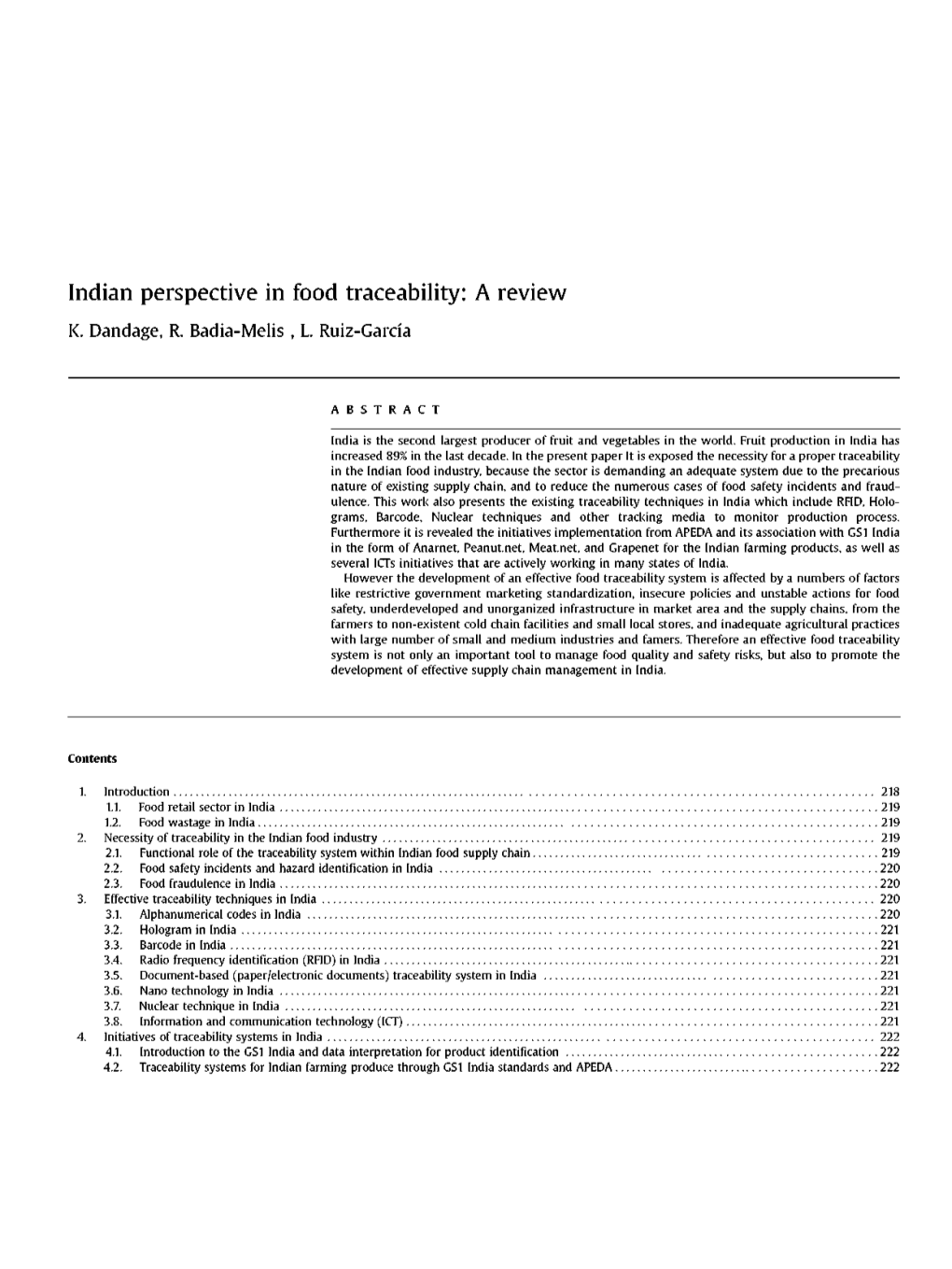 Indian Perspective in Food Traceability: a Review K