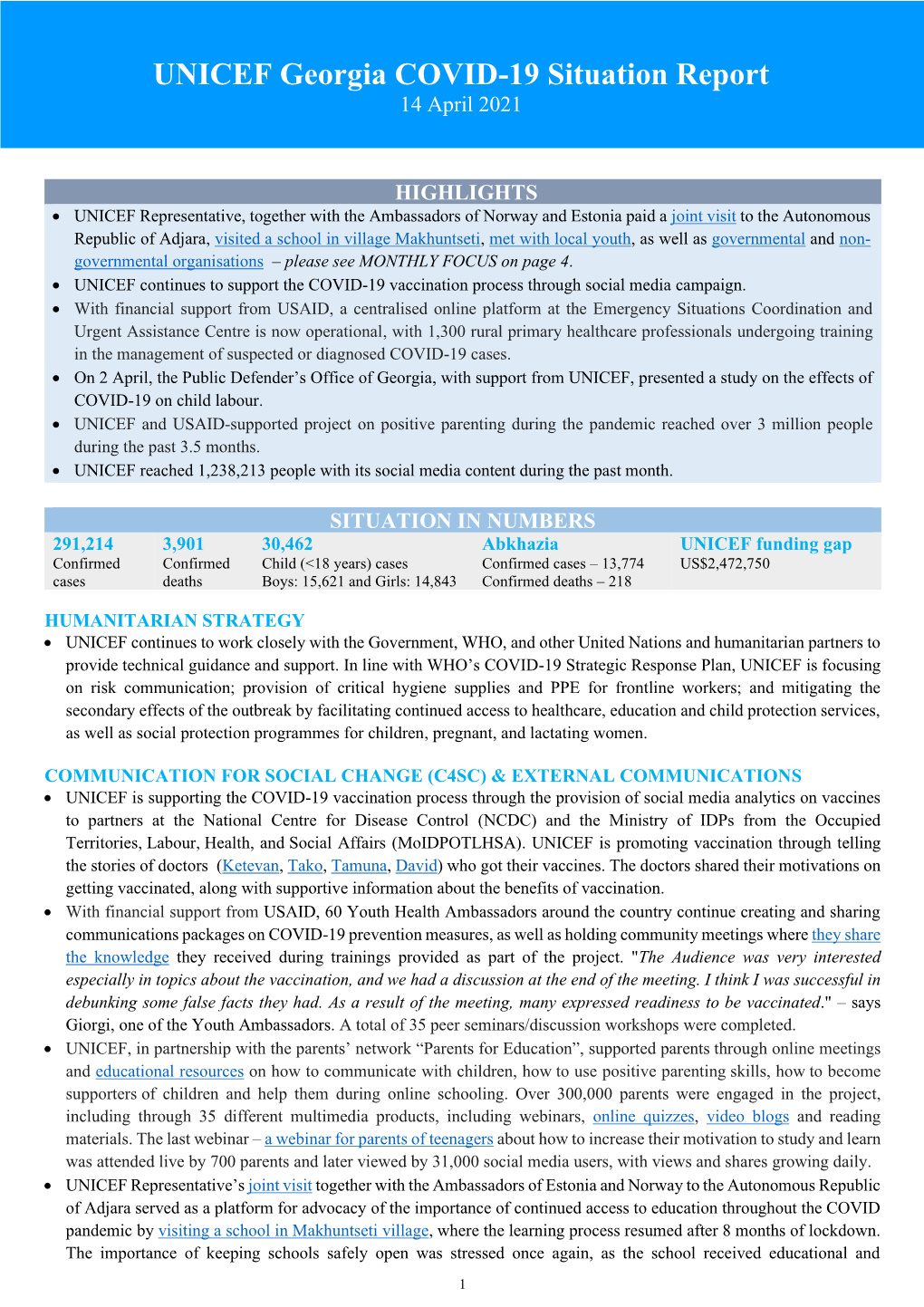 UNICEF Georgia COVID-19 Situation Report 14 April 2021