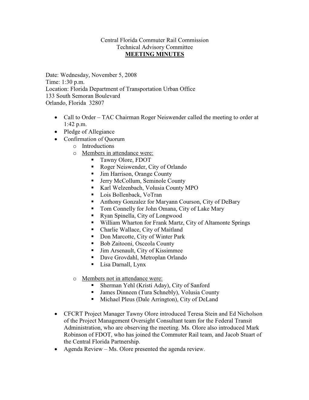 Central Florida Commuter Rail Commission Technical Advisory Committee MEETING MINUTES