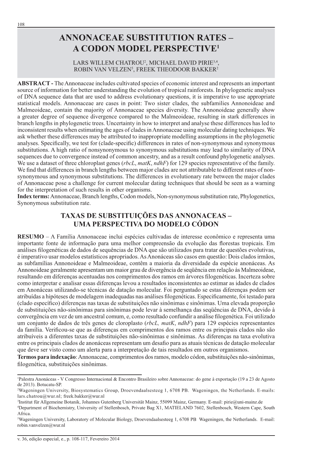 Annonaceae Substitution Rates – a Codon Model Perspective1