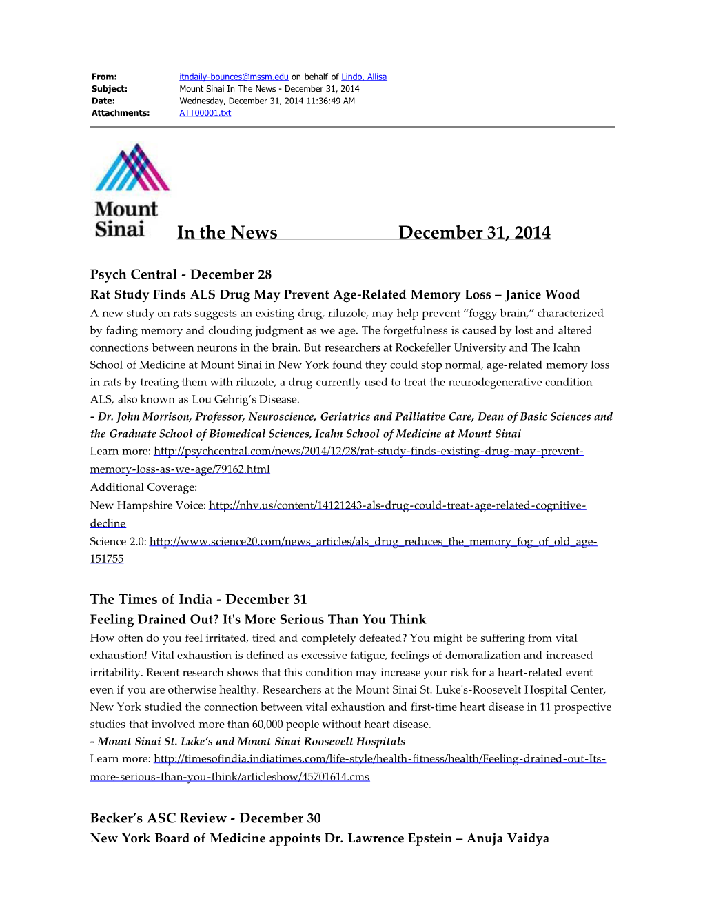 In the News December 31, 2014