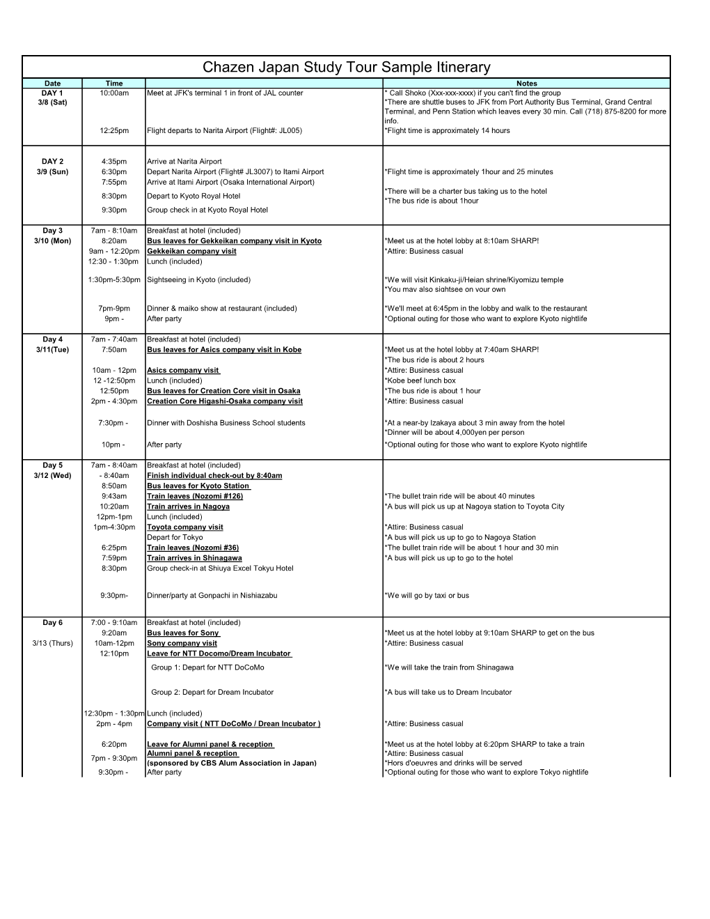 Chazen Japan Study Tour Sample Itinerary