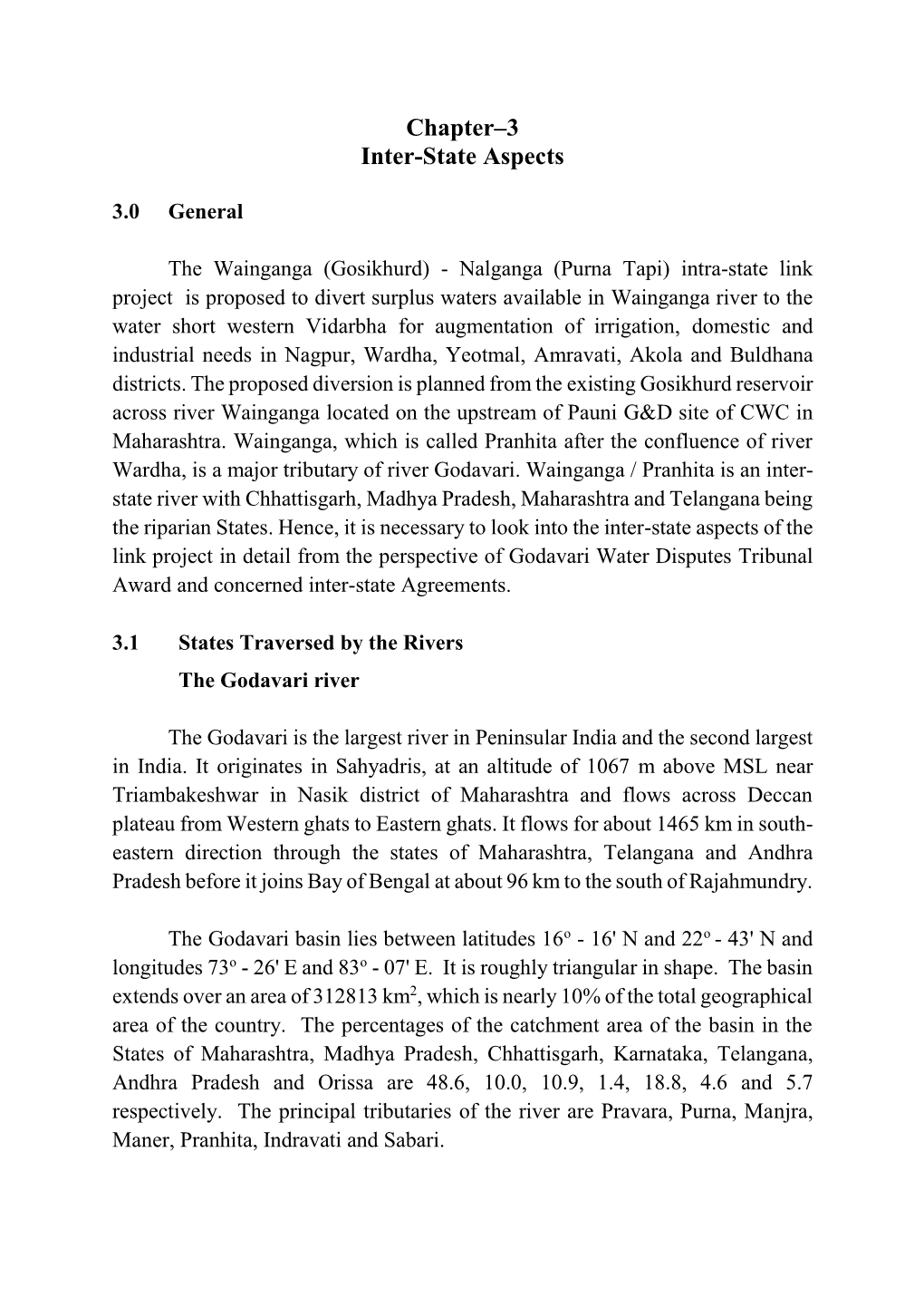 Chapter -3 Inter-State Aspects BULDHANA Man 30' 30' W-N LINK Kate Katepurna Nirguna Reservoir to Yavatmal