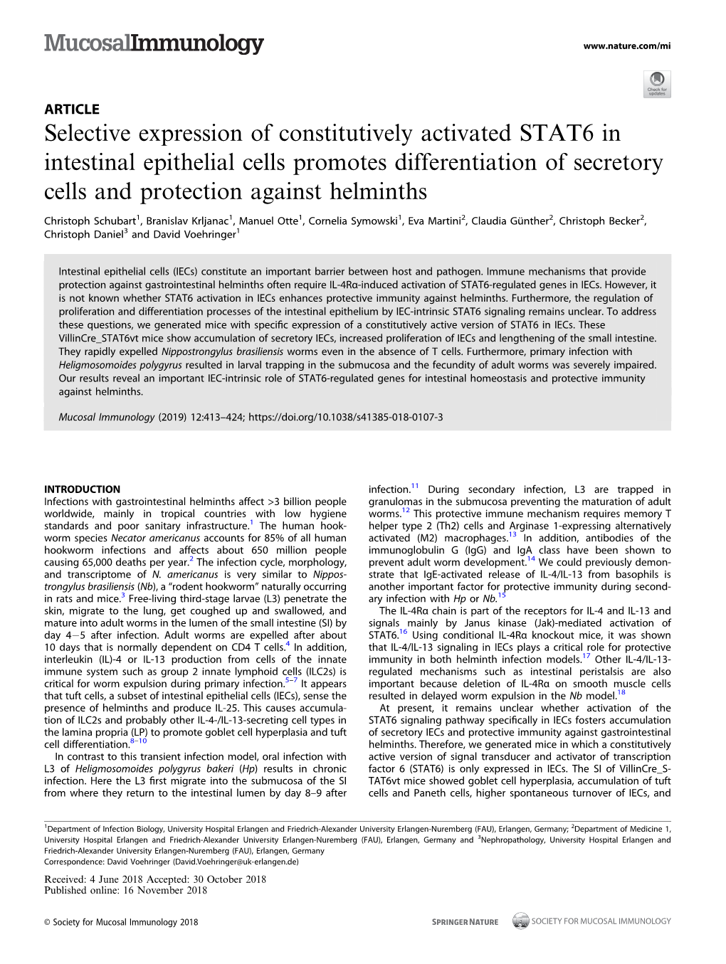 Selective Expression of Constitutively Activated STAT6 in Intestinal Epithelial Cells Promotes Differentiation of Secretory Cells and Protection Against Helminths