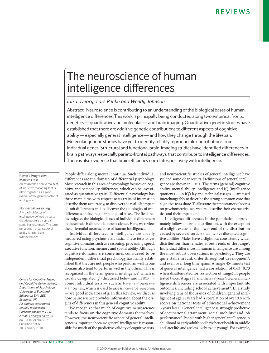 The Neuroscience of Human Intelligence Differences