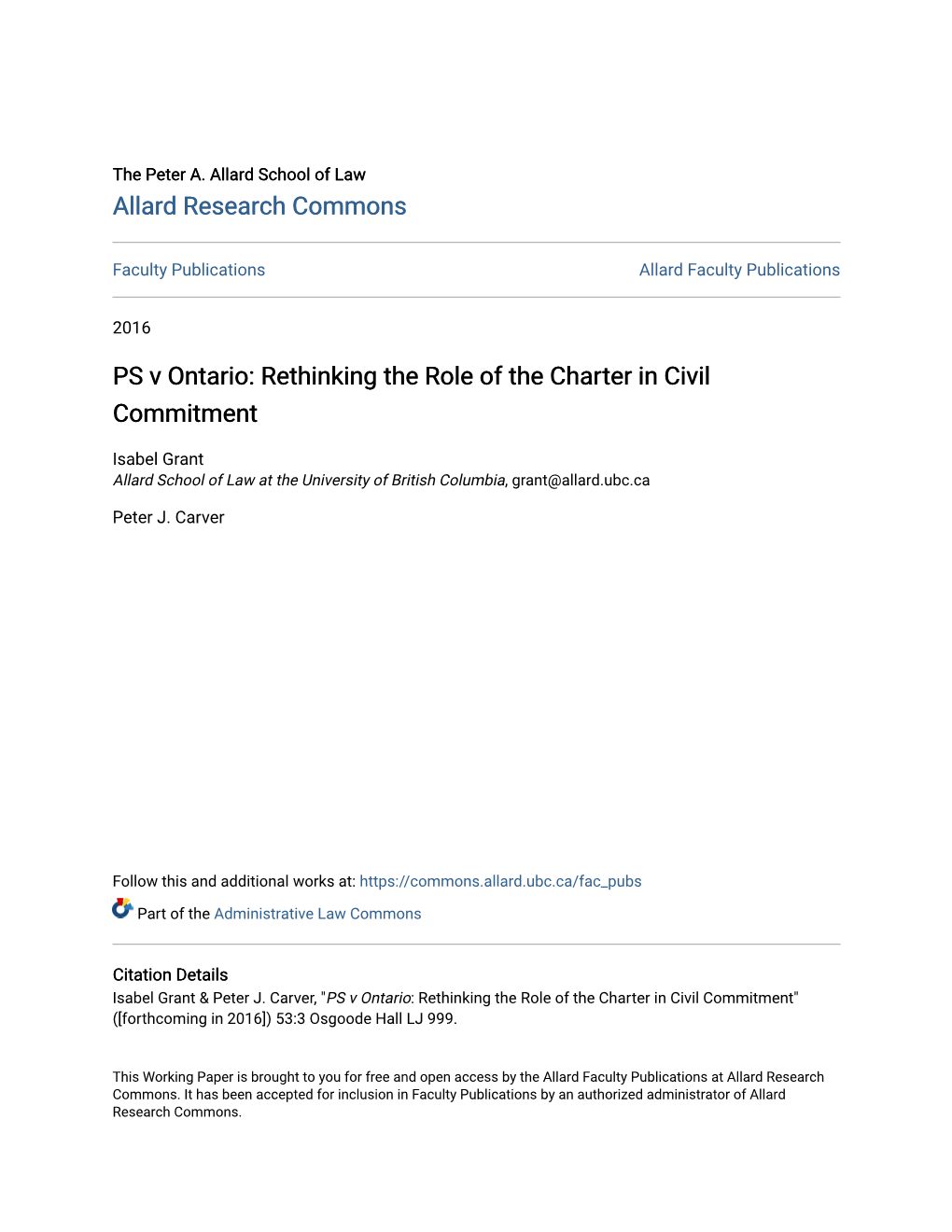 PS V Ontario: Rethinking the Role of the Charter in Civil Commitment