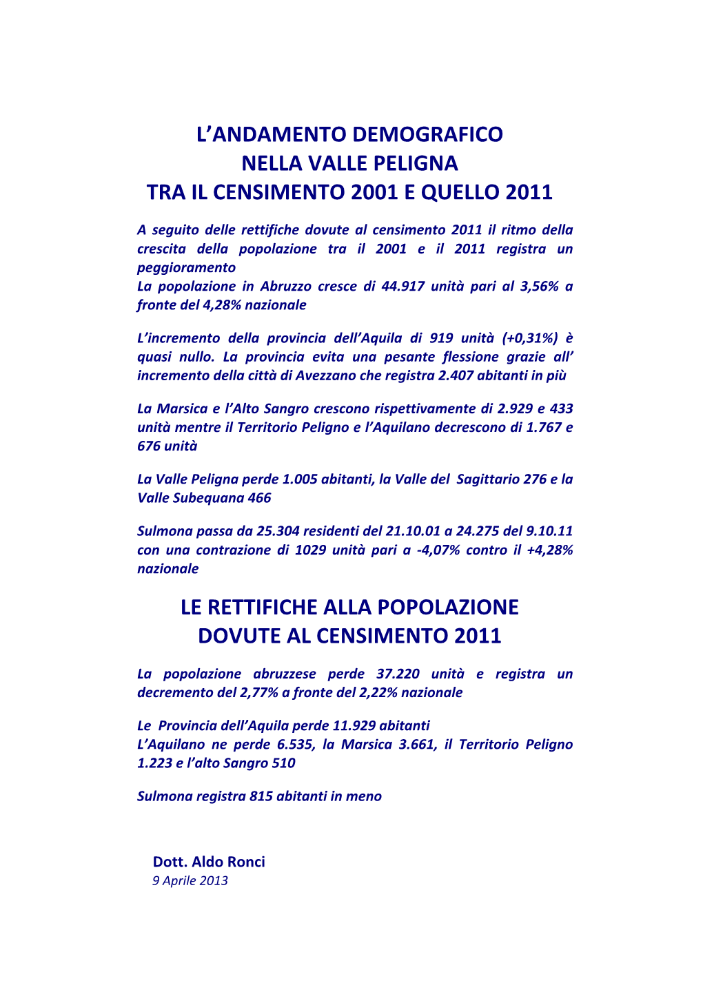 L'andamento Demografico Nella Valle Peligna Tra Il