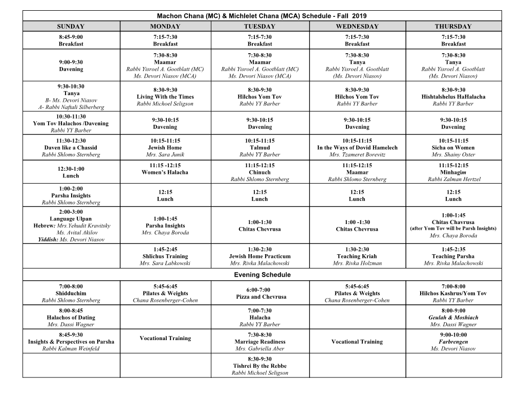 Machon Chana (MC) & Michlelet Chana (MCA) Schedule