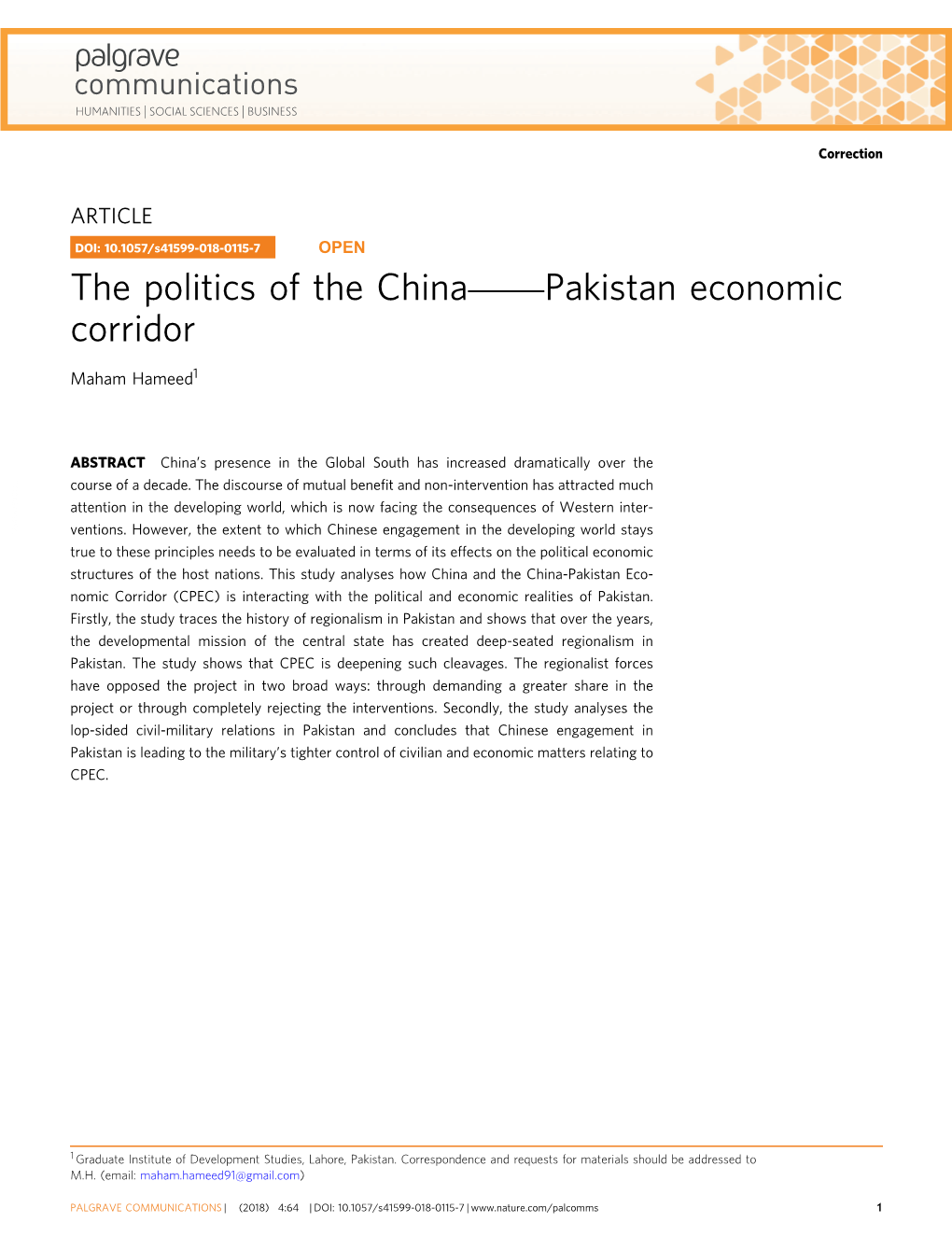 The Politics of the China―Pakistan Economic Corridor