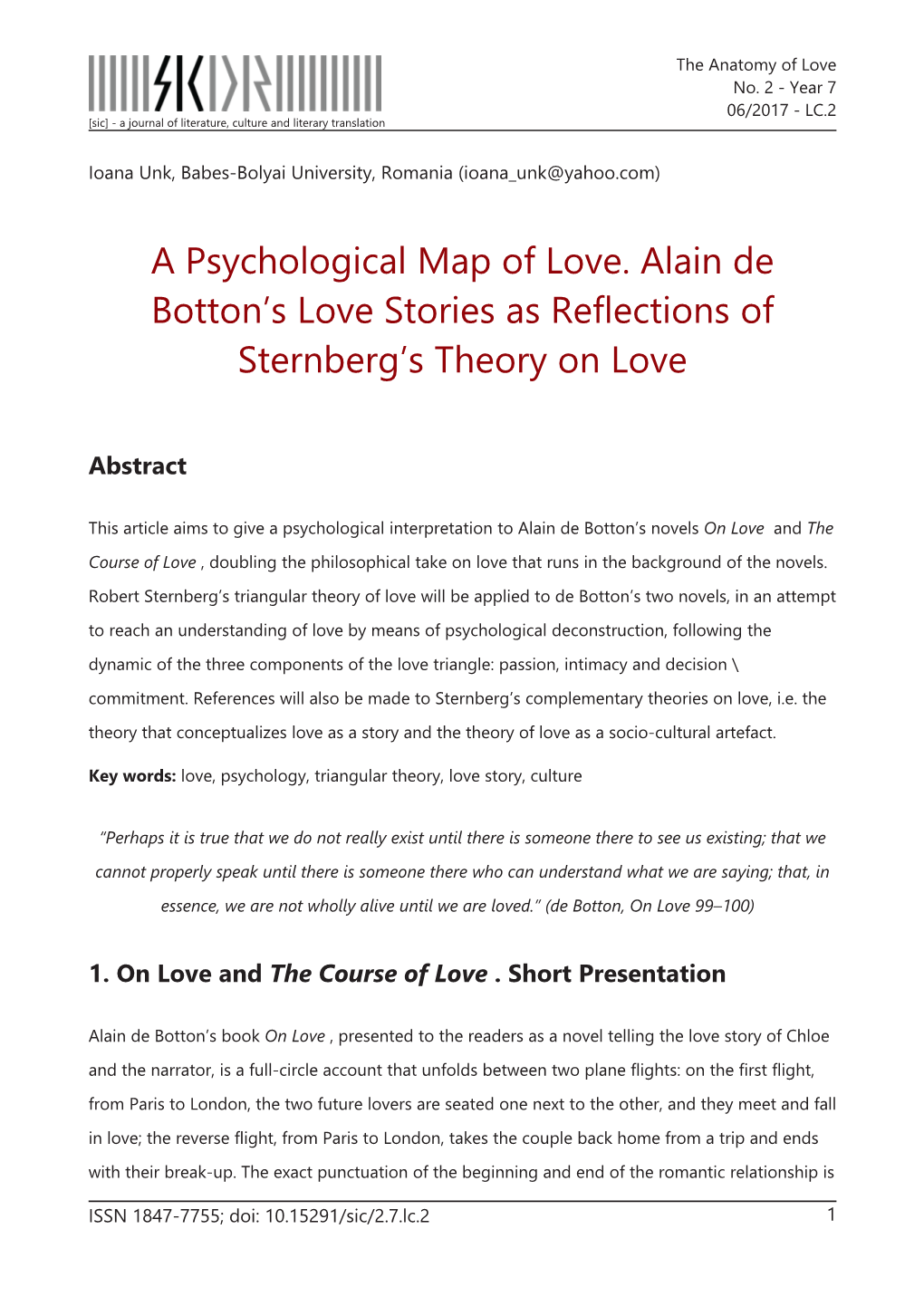 A Psychological Map of Love. Alain De Botton's Love Stories As