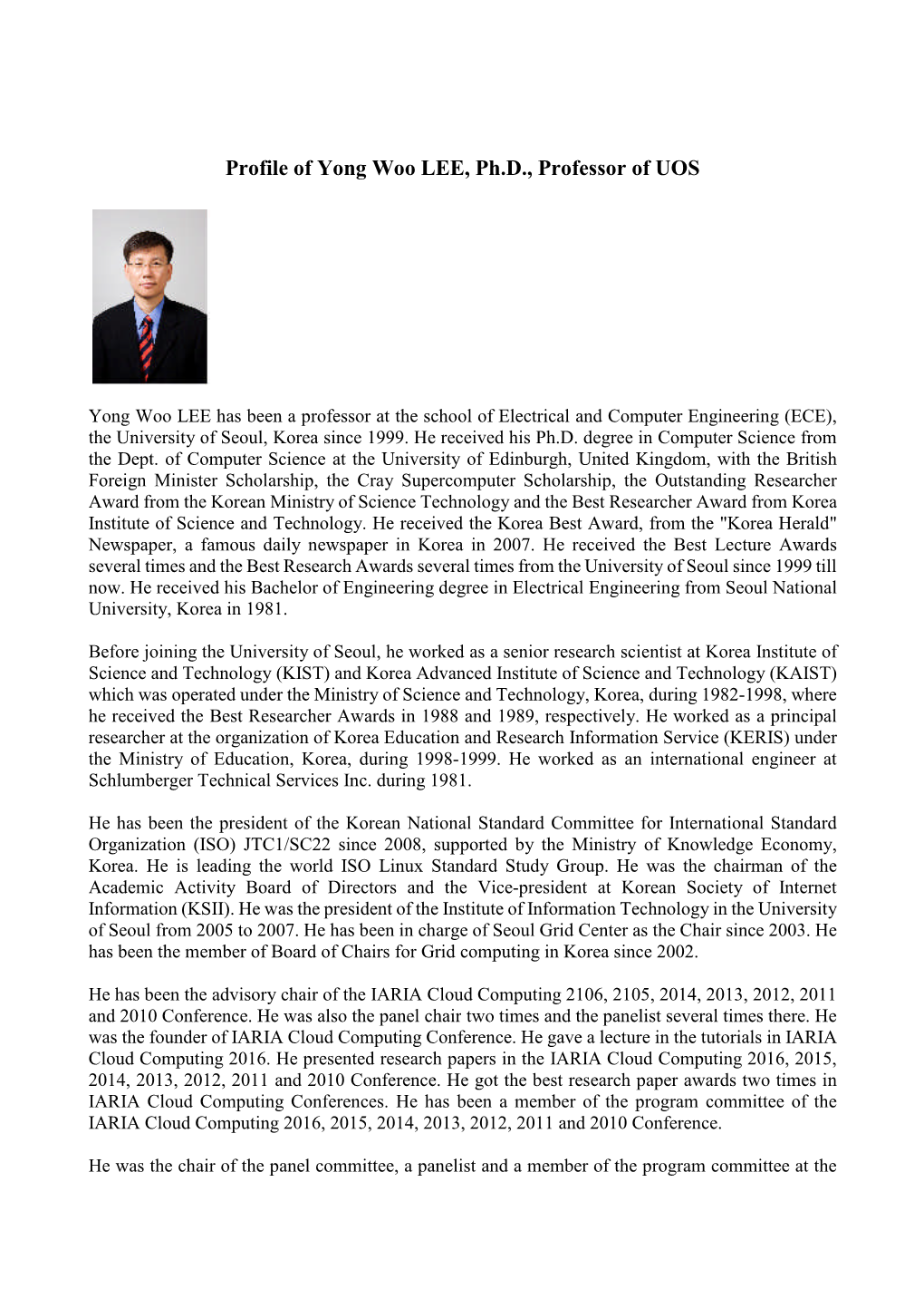 Profile of Yong Woo LEE, Ph.D., Professor of UOS