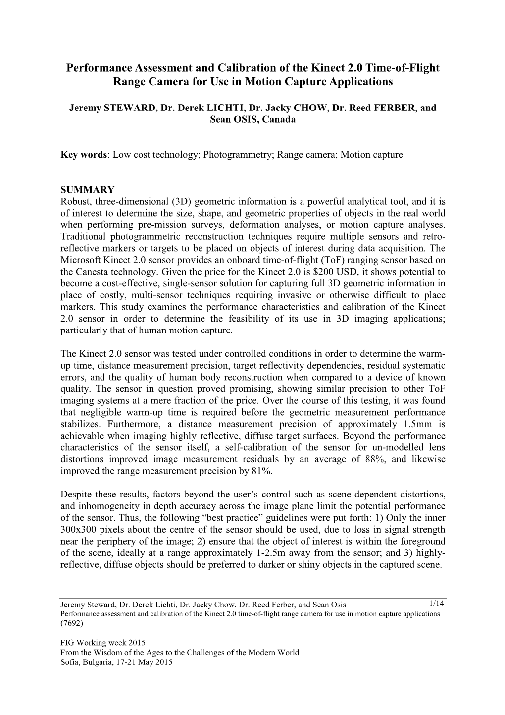 Performance Assessment and Calibration of the Kinect 2.0 Time-Of-Flight Range Camera for Use in Motion Capture Applications