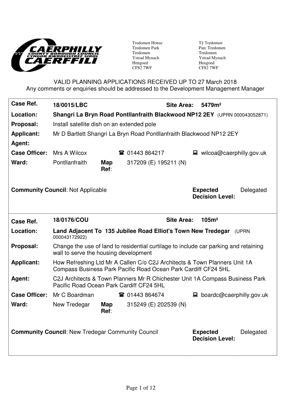 Page 1 of 12 VALID PLANNING APPLICATIONS RECEIVED up TO