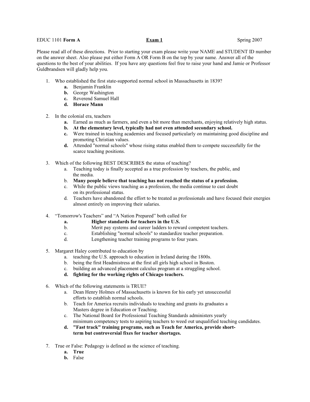 EDUC 1101 Form a Exam 1 Spring 2007