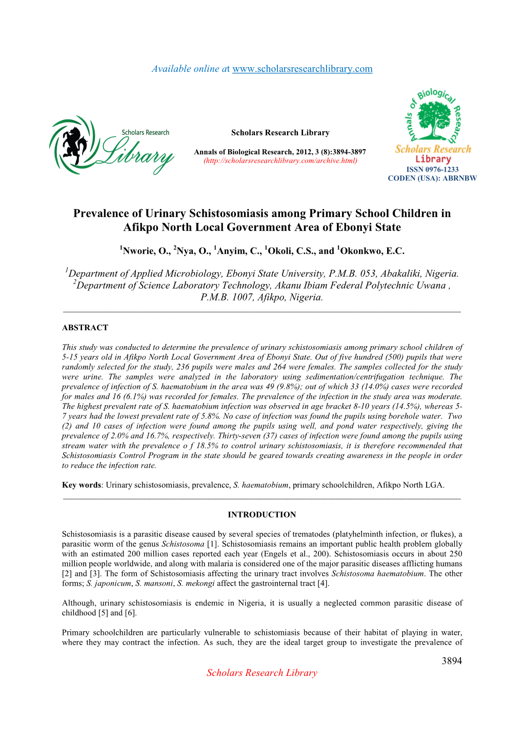Prevalence of Urinary Schistosomiasis Among Primary School Children in Afikpo North Local Government Area of Ebonyi State