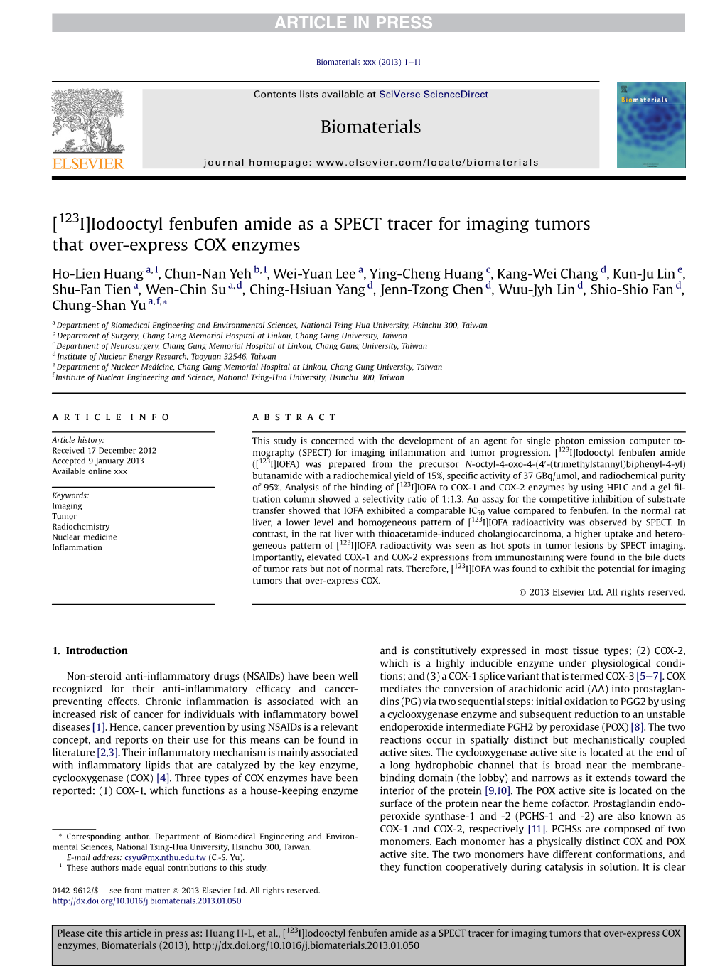 [123I]Iodooctyl Fenbufen Amide As a SPECT Tracer for Imaging Tumors That Over-Express COX Enzymes