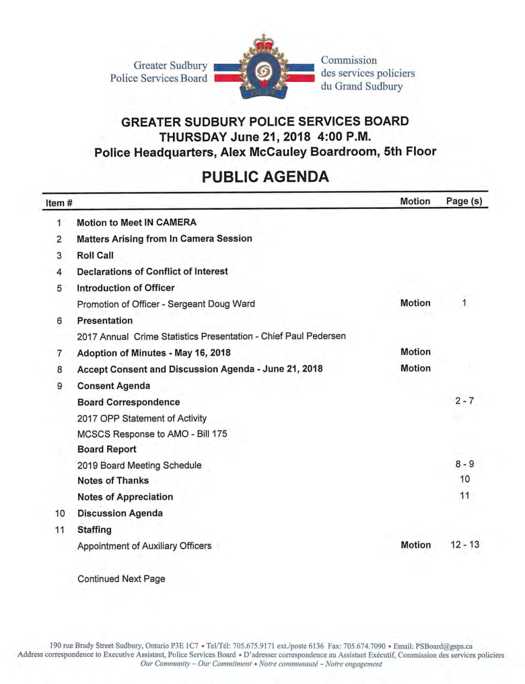 Greater Sudbury Police Services Board Schedule of Meetings 2019