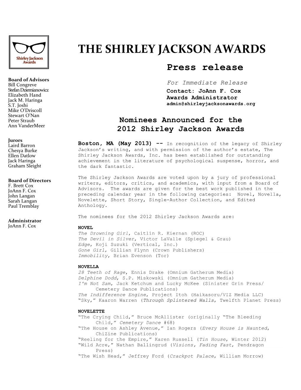 THE SHIRLEY JACKSON AWARDS Press Release