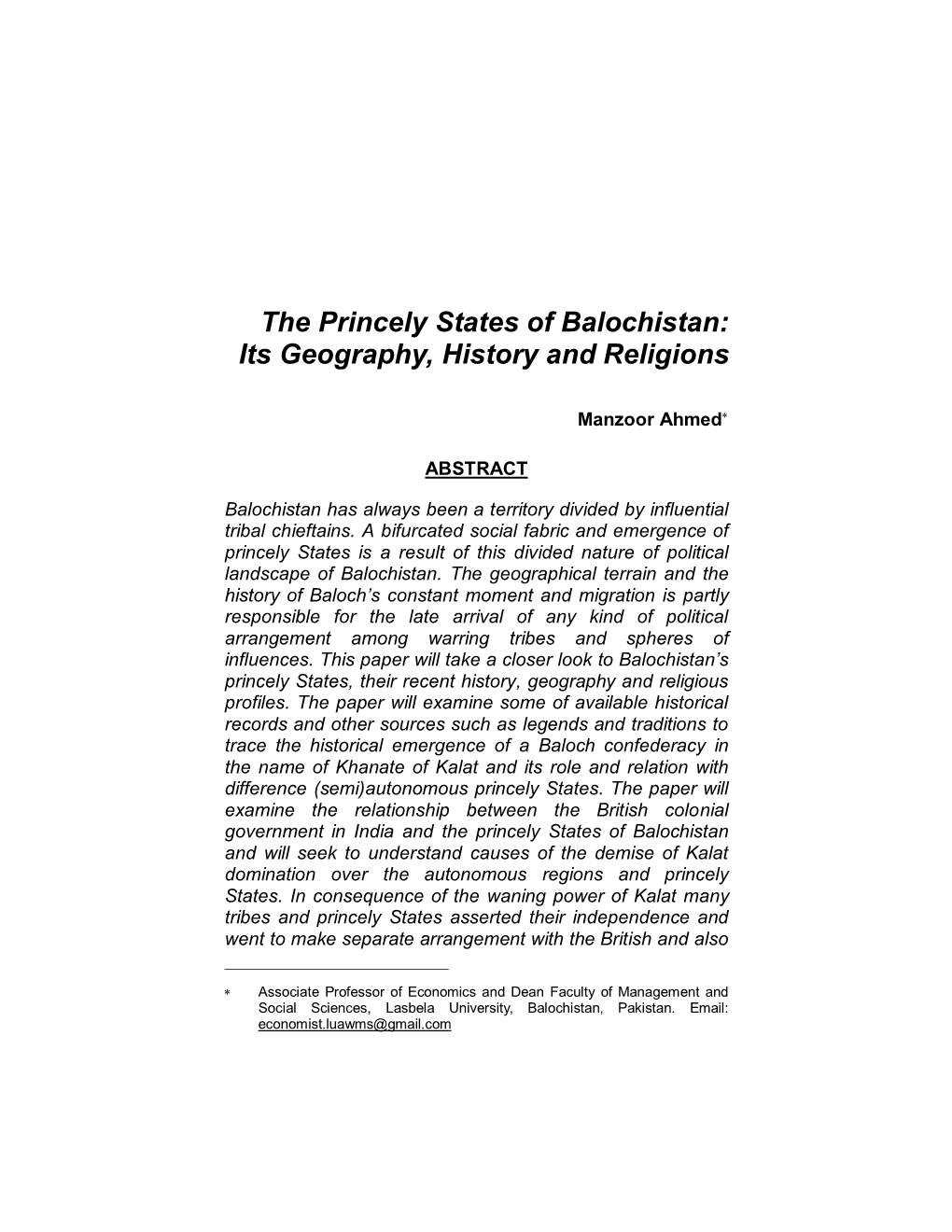 The Princely States of Balochistan: Its Geography, History and Religions