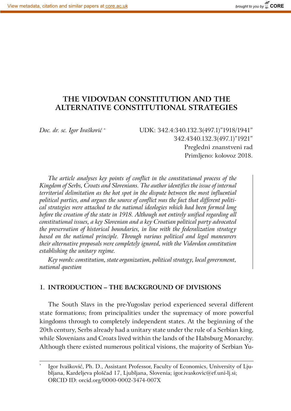 The Vidovdan Constitution and the Alternative Constitutional Strategies