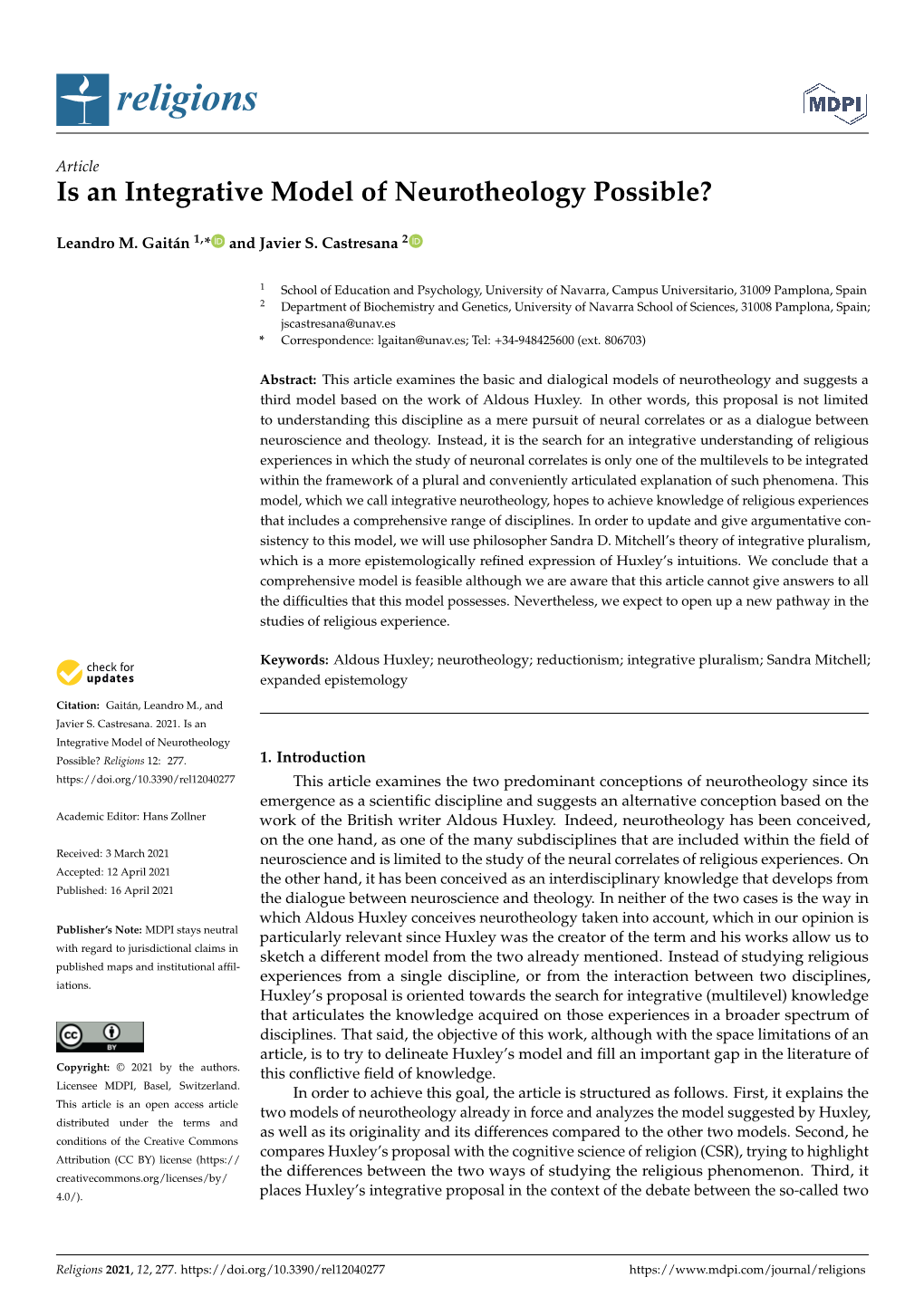 Is an Integrative Model of Neurotheology Possible?