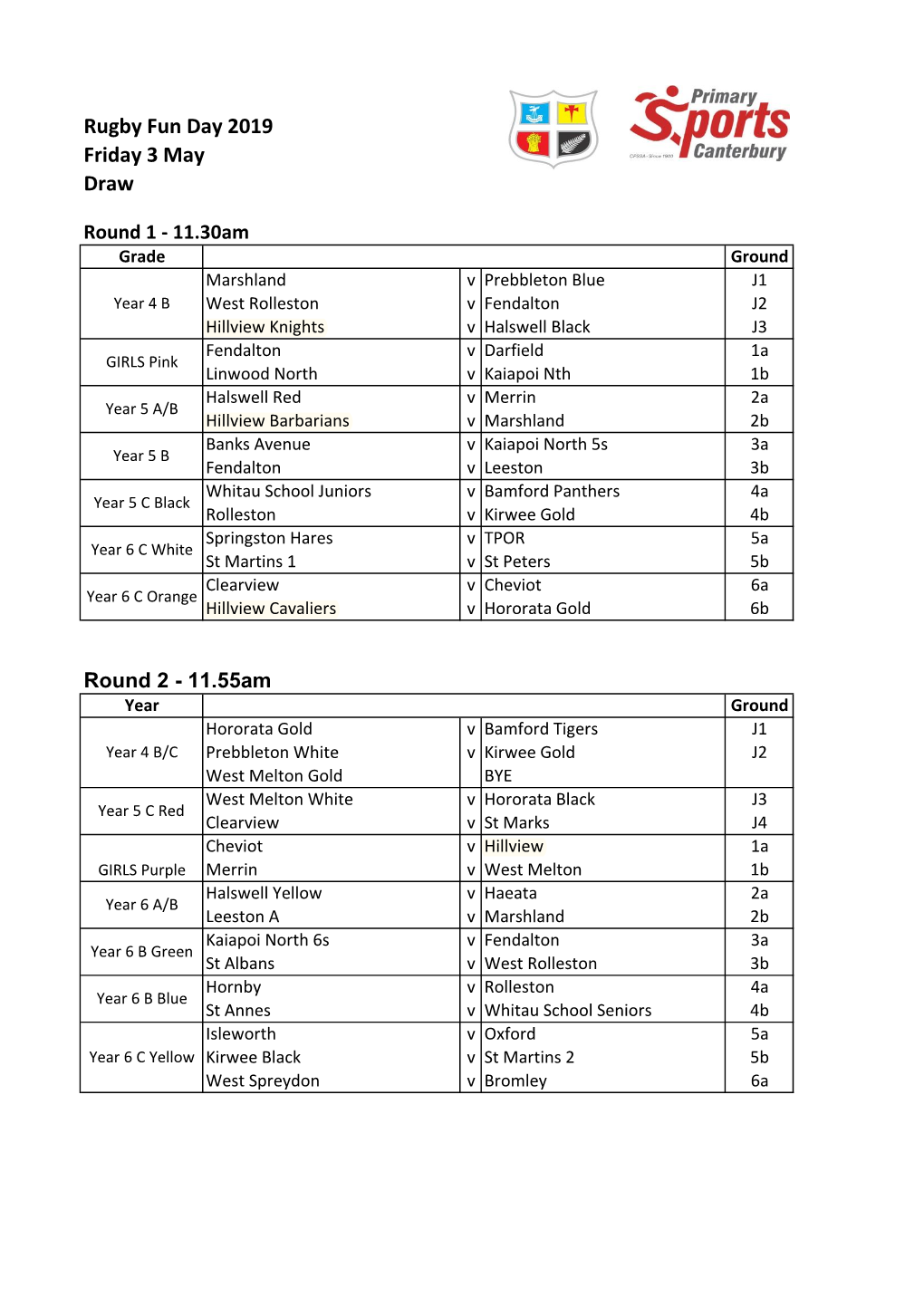 Rugby Fun Day 2019 Friday 3 May Draw