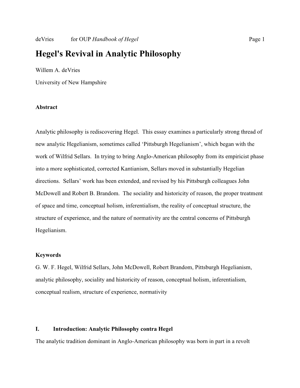 Hegel's Revival in Analytic Philosophy